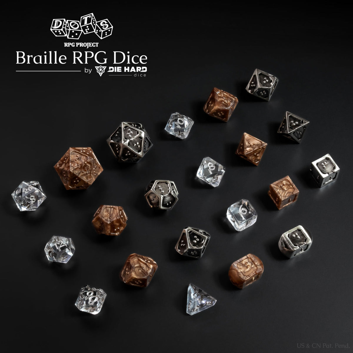 3 sets of 7 TTRPG polyhedral dice on a black surface. The first set for size comparison is a standard numbered clear plastic with silver numbers. The braille sets are metallic bronze plastic with dark pearl swirls and silver metal with black antiqued finish. Most of the braille dice are similar in size to standard numbered sets with the d20 being almost double the size.