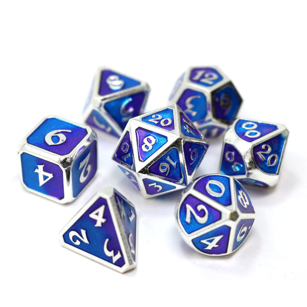 Metal D&D Dice set Mythica Spellbinder Nightfall - evoking the captivating blend of turquoise twilight and lavender dusk, awakening the untamed spirit of the night