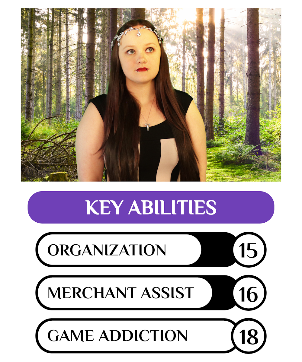 Picture of a long haired woman with a delicate silver crown on her head, looking off into the distance.  Key statistics are listed below as: Organization 15, Merchant Assist 16, Game Addiction 18